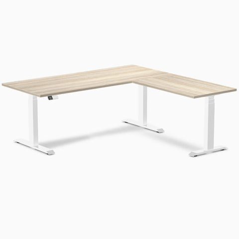 Desky Eco L-Shape Melamine Sit Stand Desk 180 x 175 cm Classic Oak Top and White Leg