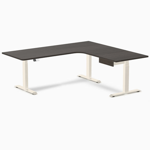 Desky L-Shape Melamine Standing Desk With Drawer 200cm - Right Return Burnished Wood Top and Wheat Leg