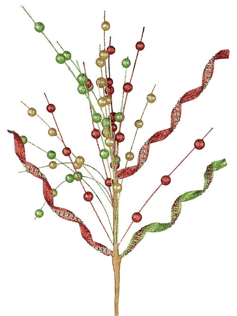 Christmas Warehouse - STEM2205 Red Green & Gold Glitter Balls & Curls Long Christmas Stem | 72cm Red, Green & Gold with Brown