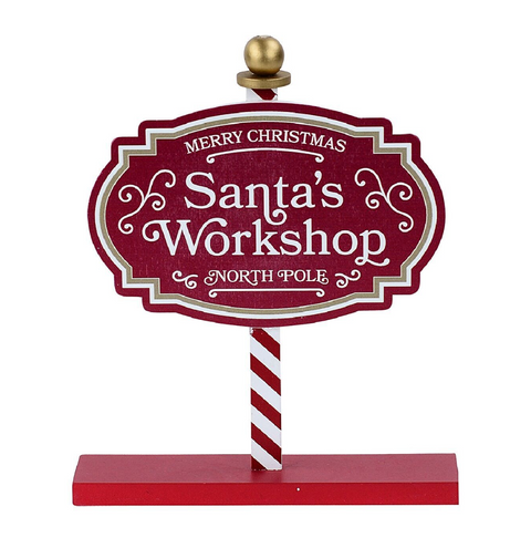 Christmas Warehouse - ORNM2405 Santa's Workshop North Pole Tabletop Signpost | 30cm Red with White & Gold