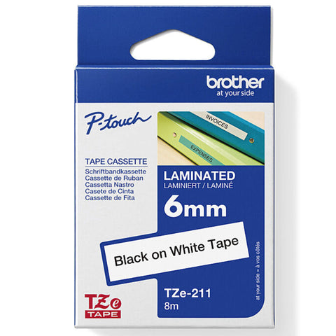 Brother TZE-211 Laminated Labelling Tape 6mm (Black On White)