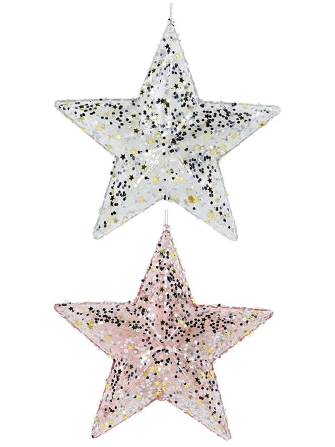 Christmas Warehouse - DECR9154 2x Clear Pink & White Sequin Star Whimsical Essential Ornaments | 17cm Clear with Pink, White, Silver & Gold