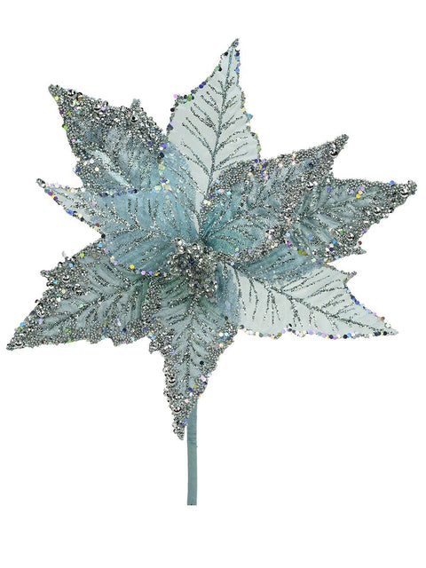 Christmas Warehouse - PICK1712 Luxe Blue Glitter Poinsettia Christmas Tree Clip Pick | 22cm Tiffany Blue & Silver