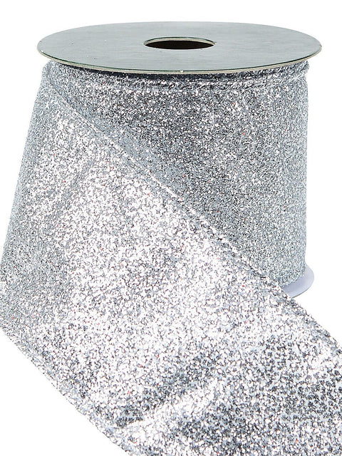 Christmas Warehouse - RIBN2203 Wired Silver Glitter Ribbon With Glitter Edging | 3m x 63mm Silver