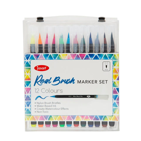 Jasart 12pc Water-Based Real Brush Marker Set Drawing School Stationery with Case