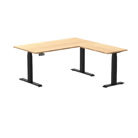 Desky Bamboo L-Shape Sit Stand Desk 150 x 155 cm Bamboo Top and Matte Black Leg