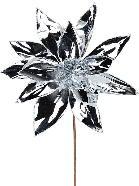 Christmas Warehouse - STEM2419 Silver Patent High Shine Poinsettia Long Christmas Stem | 55cm Silver Patent