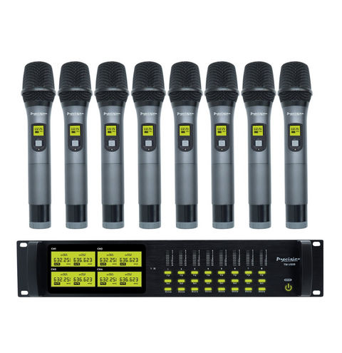Precision Audio 8 Channel UHF Wireless Microphone System Rack Mount LCD Display