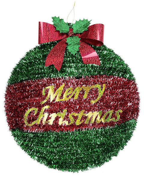 Christmas Warehouse - METL2501 Red & Green Decorated Merry Christmas Bauble Tinsel Plaque Ornament | 43cm Red & Green with Gold