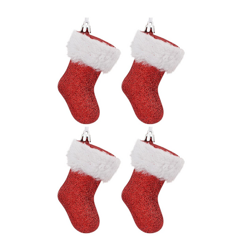 Christmas Warehouse - DECRH968 4x Red Glitter Christmas Stocking Whimsical Essential Ornaments 10cm