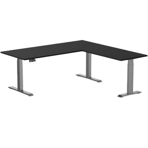 Desky Eco L-Shape Melamine Sit Stand Desk 180 x 175 cm Black Top and Space Grey Leg