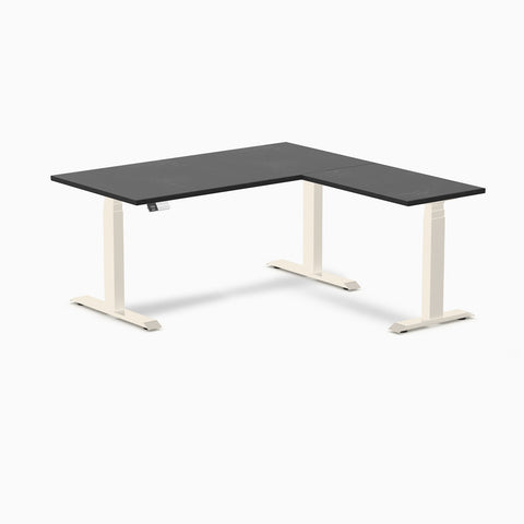 Desky Hardwood L-Shape Sit Stand Desk 150 x 155 cm Black Ash / Wheat Top and Wheat Leg