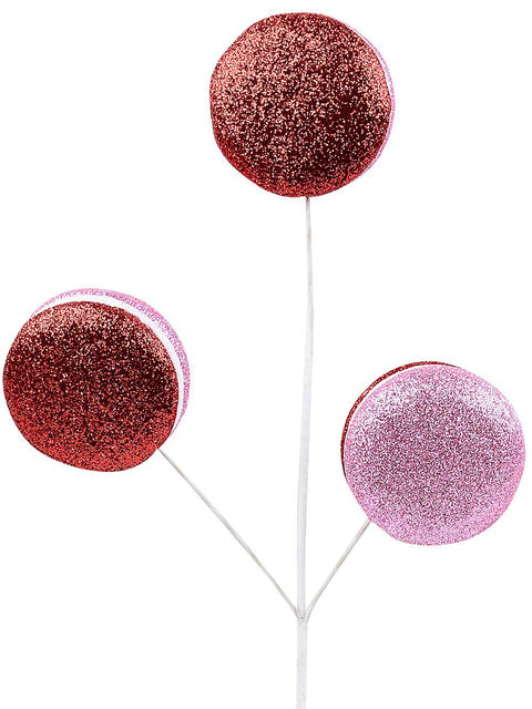 Christmas Warehouse - STEM2506 Macarons With Red & Pink Glitter Cookie Shells Long Christmas Stem | 46cm Red & Pink with White