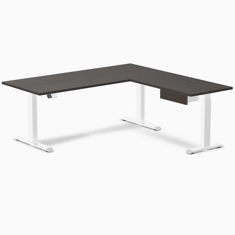 Desky Eco L-Shape Melamine Standing Desk With Drawer 180 x 175 cm Burnished Wood Top and White Leg