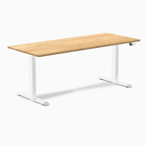 Desky Dual Hardwood Sit Stand Desk 180cm White Oak Desktop and White Frame