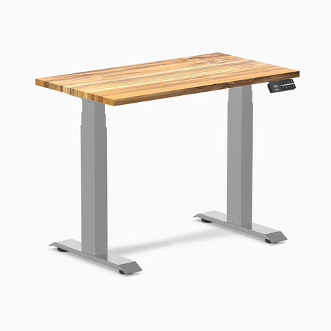 Desky Dual Mini Hardwood Sit Stand Desk 90cm Teak Desktop and Grey Frame