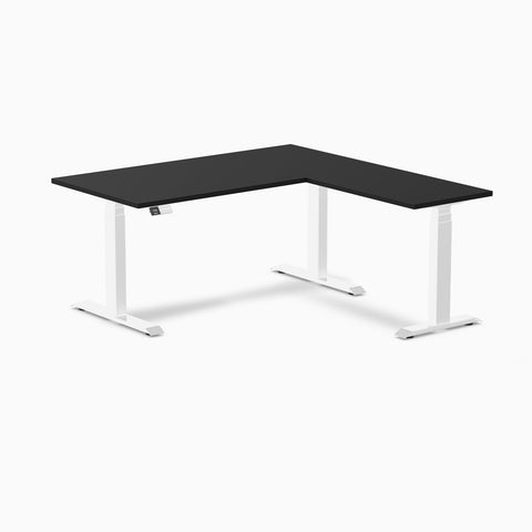 Desky Eco L-Shape Melamine Sit Stand Desk 150 x 155 cm Black Top and White Leg