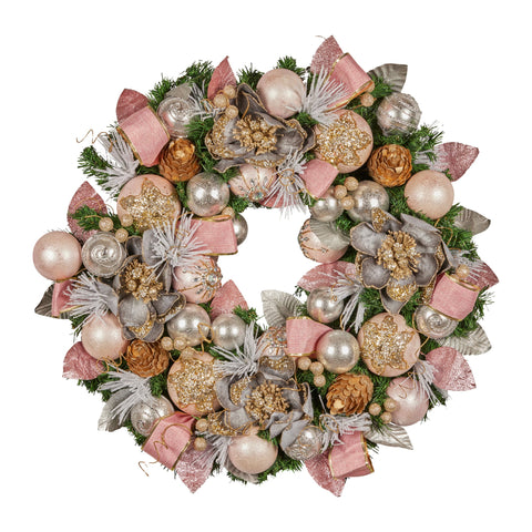 Christabelle 71cm Christmas Wreath Pink Front Door Decoration Jewelled Baubles Flowers Pine Cones Ribbons Ornaments