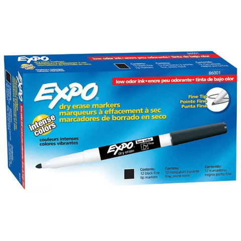 Expo Whiteboard Marker Dry Erase Fine Tip Black Box 12