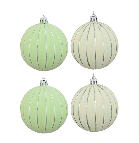 Christmas Warehouse - DECR2669 4x Celestial Mint & Cream Signature Ribbed Silver Pinstripe Baubles 80mm