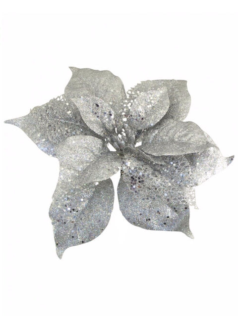 Christmas Warehouse - PICK1517 Silver Poinsettia Christmas Tree Clip Pick With Sequins & Glitter | 26cm Silver