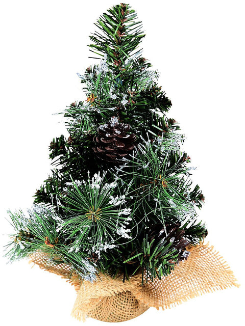 Christmas Warehouse - TREETT26 30cm Morning Frost Tabletop Tree With Pinecones | 37 Tips & Burlap Base Green with Silver Accents