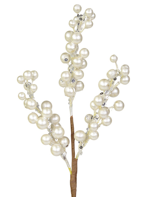 Christmas Warehouse - PICK1812 White Pearl Berries Spray With Silver Sequins Christmas Tree Stem Pick | 33cm Pearl & Silver