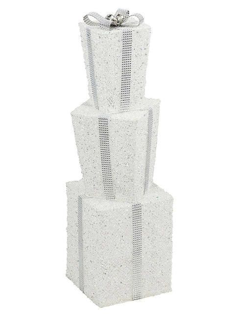 Christmas Warehouse - DISP2504 Tiered White & Silver Layered Tinsel Gift Boxes Large Display Decoration | 70cm White with Silver