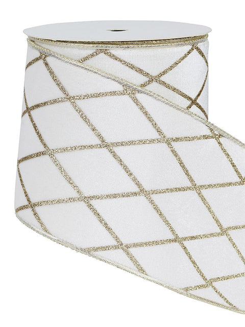 Christmas Warehouse - RIBN2508 Wired White Velvet Ribbon With Champagne Glitter Diamond | 10m x 10cm White with Champagne