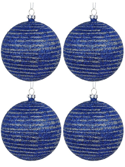 Christmas Warehouse - DECR7131 4x Dynamic Blue & Silver Statement Glitter Striped Baubles | 80mm Blue with Silver