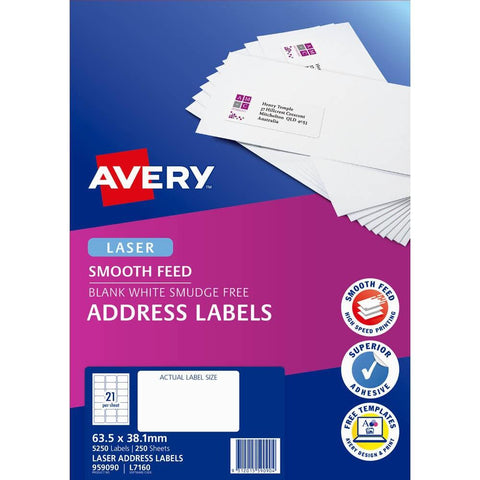 Avery 959090 L7160 Address Labels Smooth Feed Laser (White) [Pack 250]