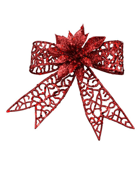 Christmas Warehouse - PICK2026 Red Mesh Poinsettia Flower & Ribbon Christmas Bow Clip Pick | 13cm Red