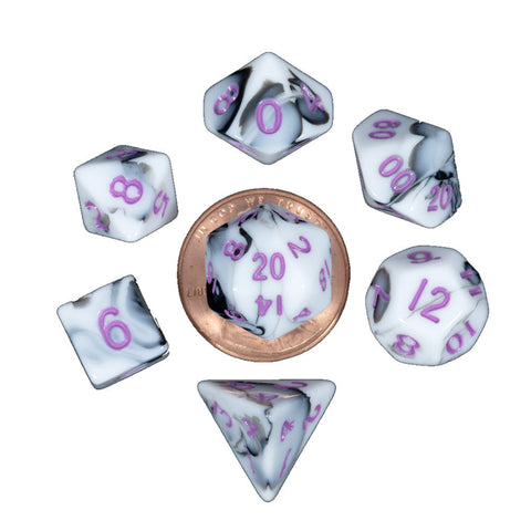 Fanroll By Metallic Dice Games MDG Mini Polyhedral Dice Set Purple Numbers- Marble