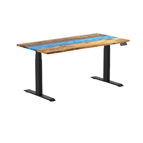 Desky Dual Resin Hardwood Sit Stand Desk 150cm Teak Blue River Desktop and Matte Black Frame