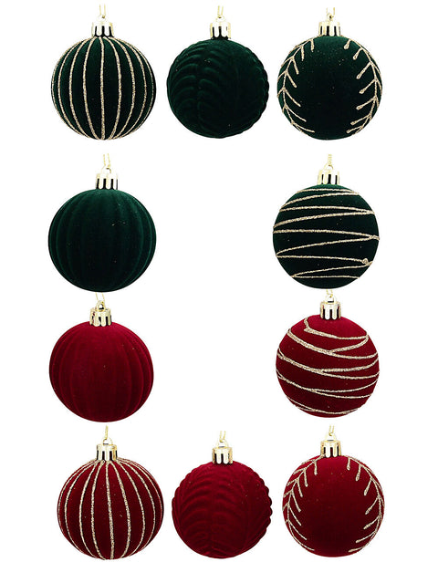Christmas Warehouse - DECR2604 12x Whimsical Red Green & Gold Essential Velvet Glitter Baubles | 60mm Burgundy & Green