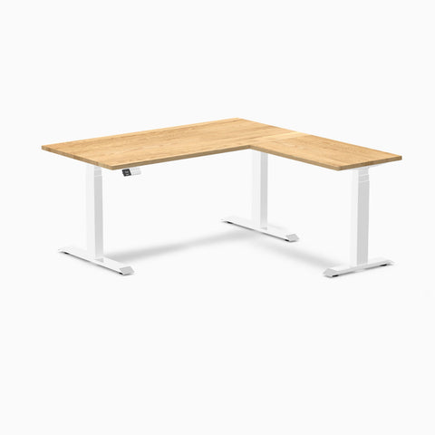 Desky Hardwood L-Shape Sit Stand Desk 150 x 155 cm White Oak Top and White Leg