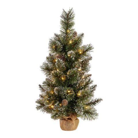 Christabelle 2ft Pre-Lit Tabletop Christmas Tree with LED Lights, Pine Cones, Glitter Cashmere & Hessian Base, 60cm