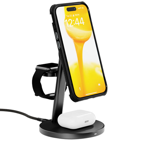 EFM Qi2 Trio Wireless Charge Stand with 5W MFi Apple Watch Charger Pad (Black)