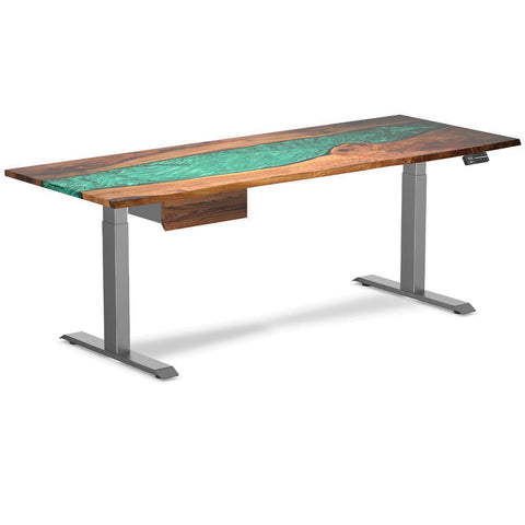 Desky Dual Resin Hardwood Standing Desk With Drawer 200cm Natural Walnut Emerald River Desktop and Space Grey Frame