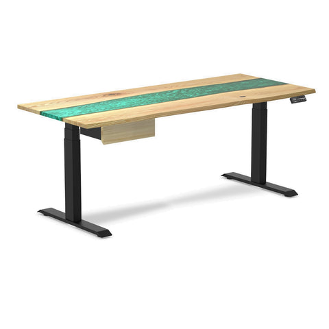 Desky Dual Resin Hardwood Standing Desk With Drawer 180cm White Ash Emerald River Desktop and Matte Black Frame