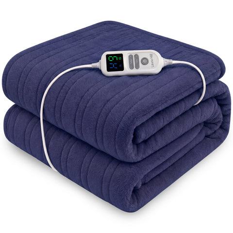 Laura Hill XL Electric Heated Blanket Throw Rug Soft Coral Fleece 10 Heat Settings - Blue