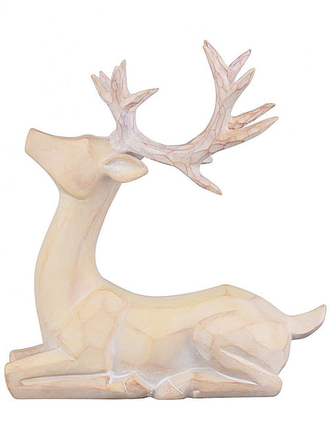 Christmas Warehouse - ORNM2506 21cm Carved Wood Style Sitting Reindeer Resin Figurine Light Brown