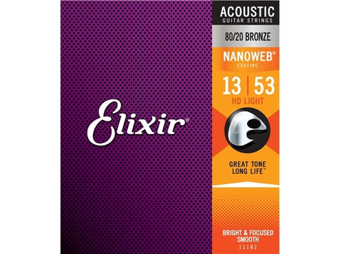 Elixir #11182 Acoustic Nanoweb Guitar String 80/20 Bronze 13-53 HD Light