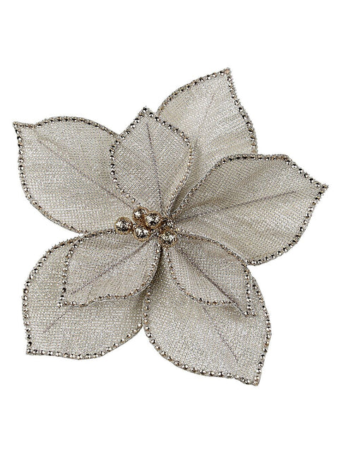 Christmas Warehouse - PICK2531 Natural Felt & Rose Gold Diamante Poinsettia Christmas Tree Clip Pick | 24cm Natural with Rose Gold & Silver
