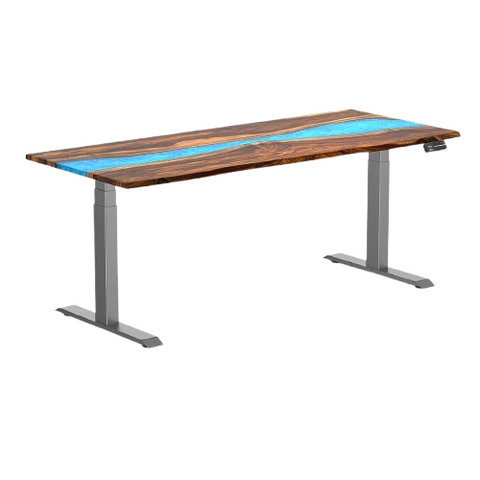 Desky Dual Resin Hardwood Sit Stand Desk 180cm Pheasantwood Blue River Desktop and Space Grey Frame