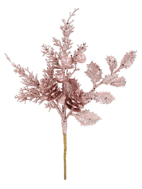 Christmas Warehouse - PICK2301 Pink Glitter Mixed Foliage With Pinecone & Berries Christmas Stem Pick | 28cm Pink