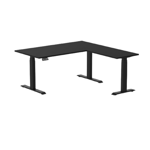 Desky Eco L-Shape Melamine Sit Stand Desk 150 x 155 cm Black Top and Matte Black Leg