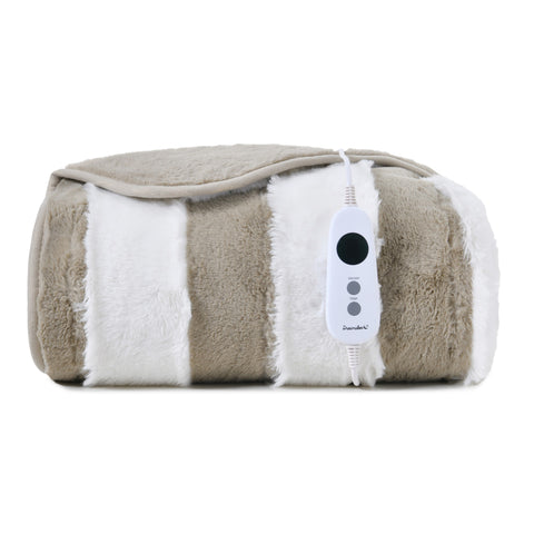 Dreamaker Denver Carved Stripe Faux Fur Heated Throw [130x160cm] (Natural)