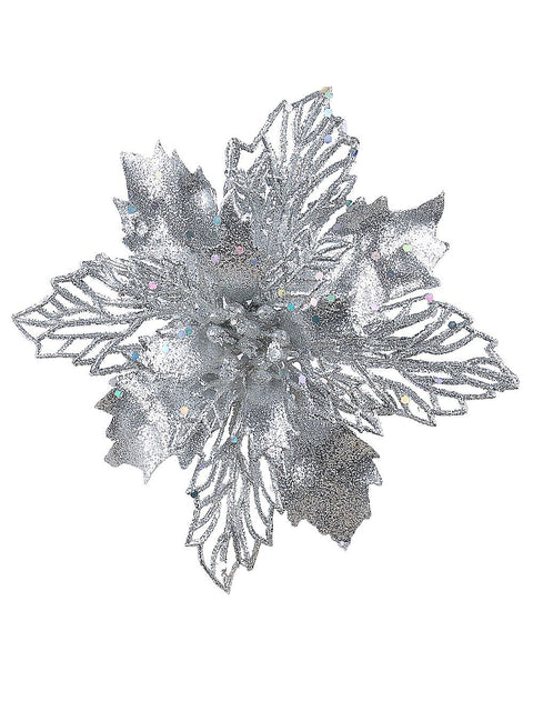 Christmas Warehouse - PICK2031 Silver Poinsettia Bract & Leaf Christmas Tree Clip Pick | 18cm Silver