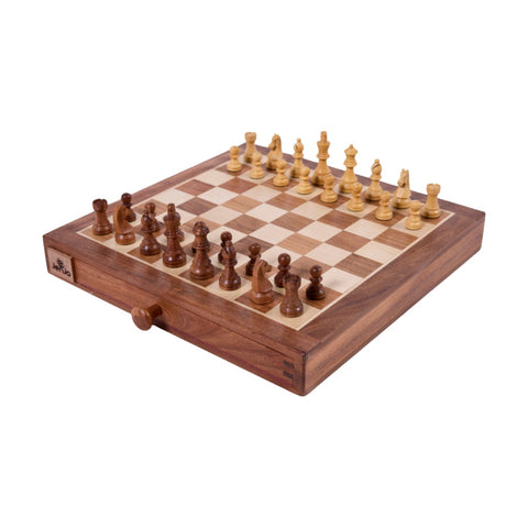 Jenjo Games Portable Carved Sheesham Chess and Checker Board Set